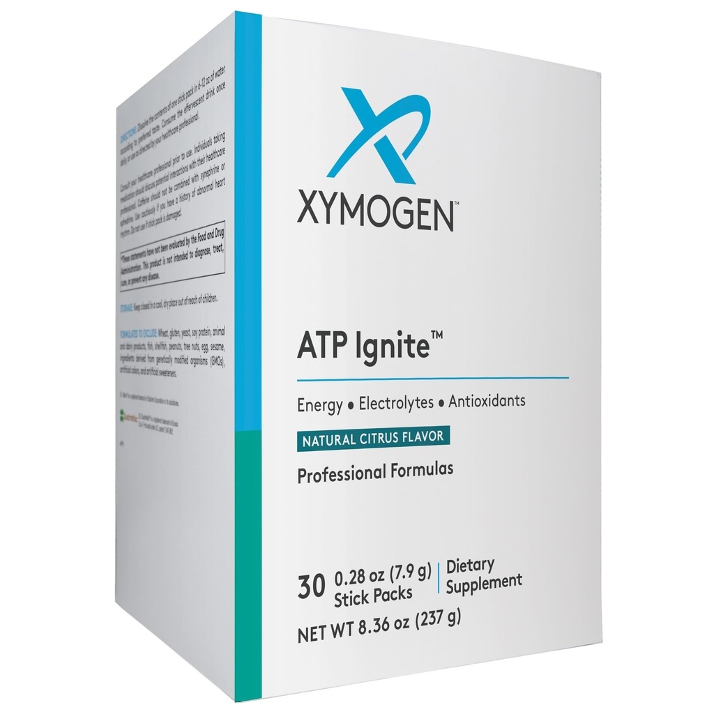 XYMOGEN ATP Ignite Revitalizing Energy Drink Powder - støtter Electrolyte Replacement + ATP Biosyntese med antioksidanter, Aminos, vitaminer, elektrolyter + 95mg Koffein (30 Citrus Stick Packs)