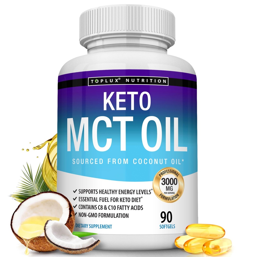 Toplux Keto MCT oljekapsler - 3000mg naturlig ren kokosolje ekstrakt piller, kilde til energi, lett å digest for menn kvinner, 90 Softgels, Supplement
