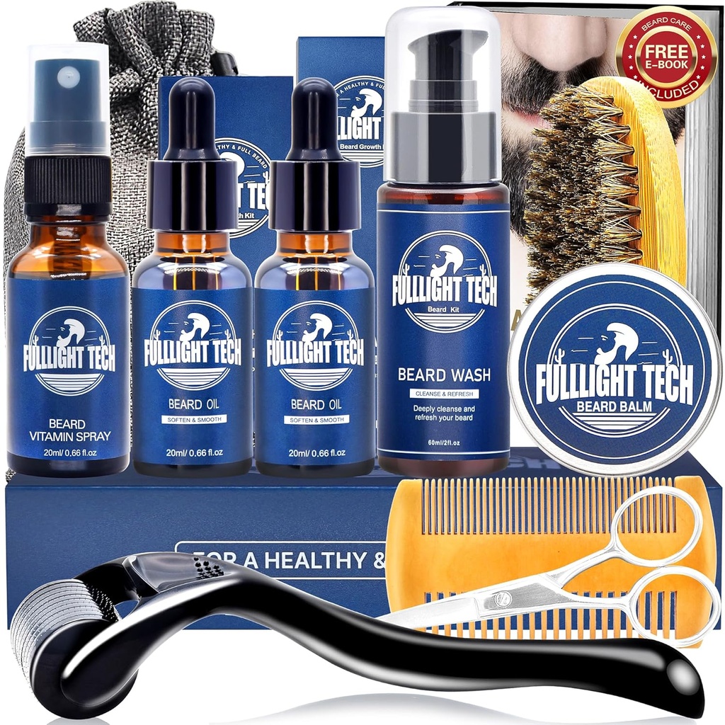 Beard Care Kit for menn-næring Soften Grooming Patchy Beard W/Vitamin Spray,Mustache olje,Balm, Vaske,Boar Bristle Brush,Wooden Comb,Scissors,Valentines Fars Gaver for menn pappa ham ektemann kjæreste
