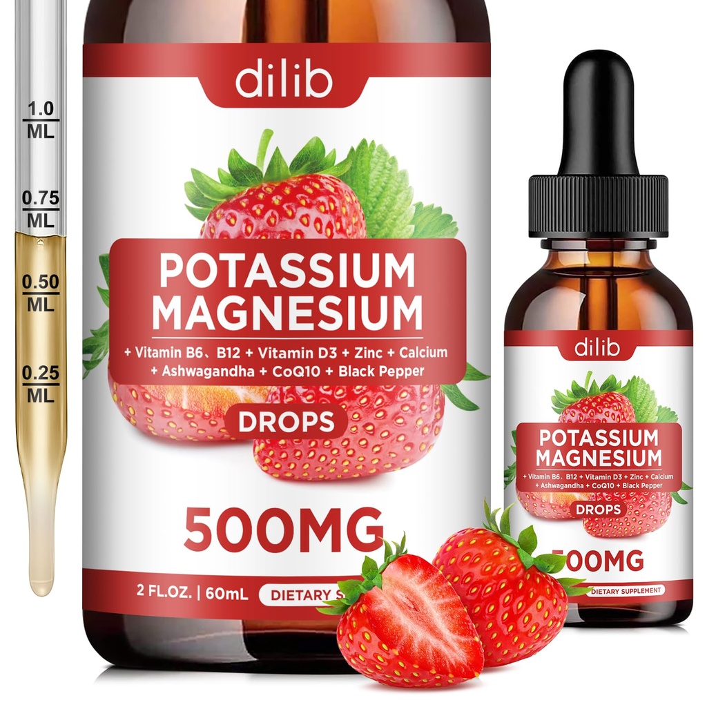 Kalium Magnesium Citrat Supplement, Flytende Magnesium Citrat Drops 500mg med Ashwagandha, Kalsium, sink, vitamin D3, B6, B12, CoQ10 - Støtte rolig og bein og immun helse Vegan 2 floz