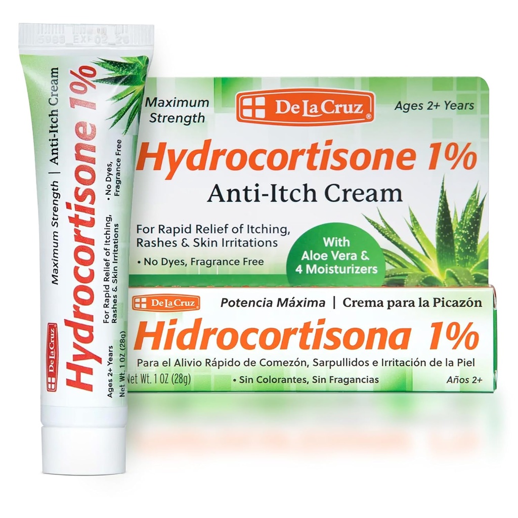De La Cruz 1% Hydrokortison creme - Maksimal styrke - Topisk Anti-Itch Hydrokortison Cream med Aloe Vera og Moisturizers for tørr hud, rødhet, dermatitt, Eczema og Rashes - 1 OZ (28g)