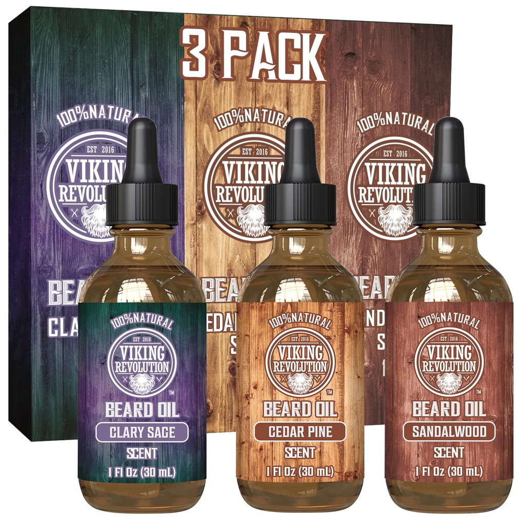 Viking revolusjon Beard Olje for menn 3 pakke - Naturlig Mens Beard Oil Variety Set - Sandalwood, Pine og Cedar, Clary Sage Scents - Beard conditioning og moisturizing for en sunn beard (3 Pack, 1oz)