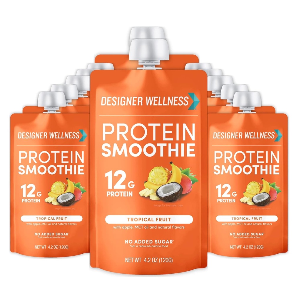 Designer wellness protein smoothie, ekte frukt, 12g protein, lav karbohydrat, null tilsatt sukker, glutenfri, ikke-GMO, ingen kunstige farger eller flavors, tropisk, 12 greve