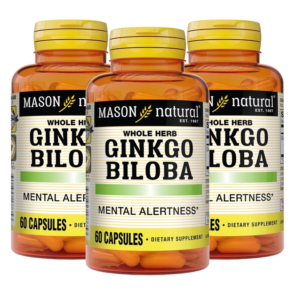 MASON NATURAL Ginkgo Biloba, 3 måneders forsyning, hjelper til å forbedre mental varsling og støtte optimal hjernefunksjon, 60 kapsler (3 pakke)