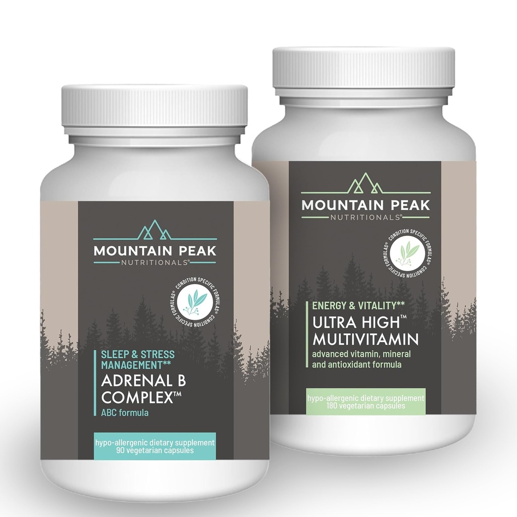 Fjell Peak Nutritionals Adrenal B Complex & Ultra høy multivitamin Combo Pack - Vitamin, Multi-Mineral, & Adaptogen Support - B vitaminer, probiotika og essensielle næringsstoffer - 90 & 180 Vegetarisk Ca