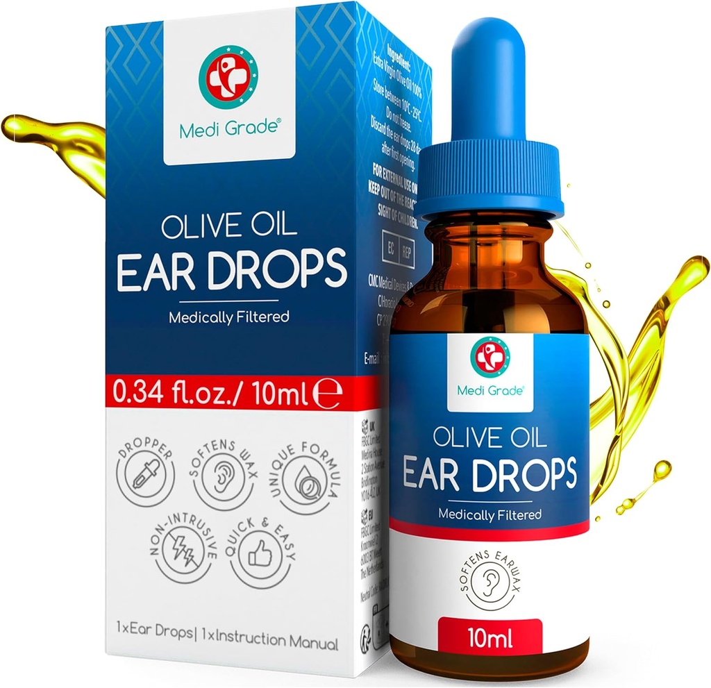 Medi Grade Olive Olje Ear Drops for Wax fjerning og blokkert øredobber, 10ml - 100% naturlig øredobb fjerningsdråper med Pipette Dropper Softens og fjerner herdet øredobbbygging - avanserte øredobber