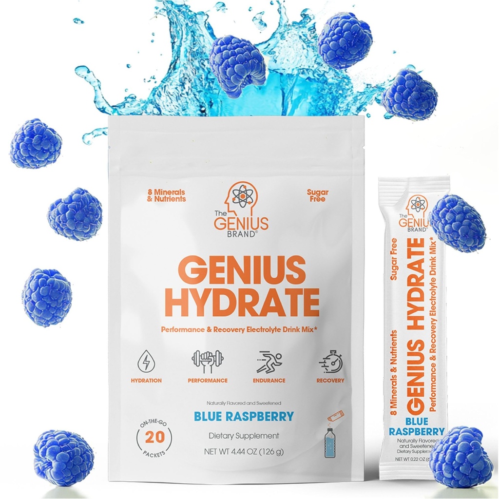 Den Genius merkevare - Genius Hydrate Stick pakke pulver drikk blanding - blå bringebær flavor, naturlig elektrolytt booster med kokosvann og kalium for Ultimate Hydration - 20 pakker