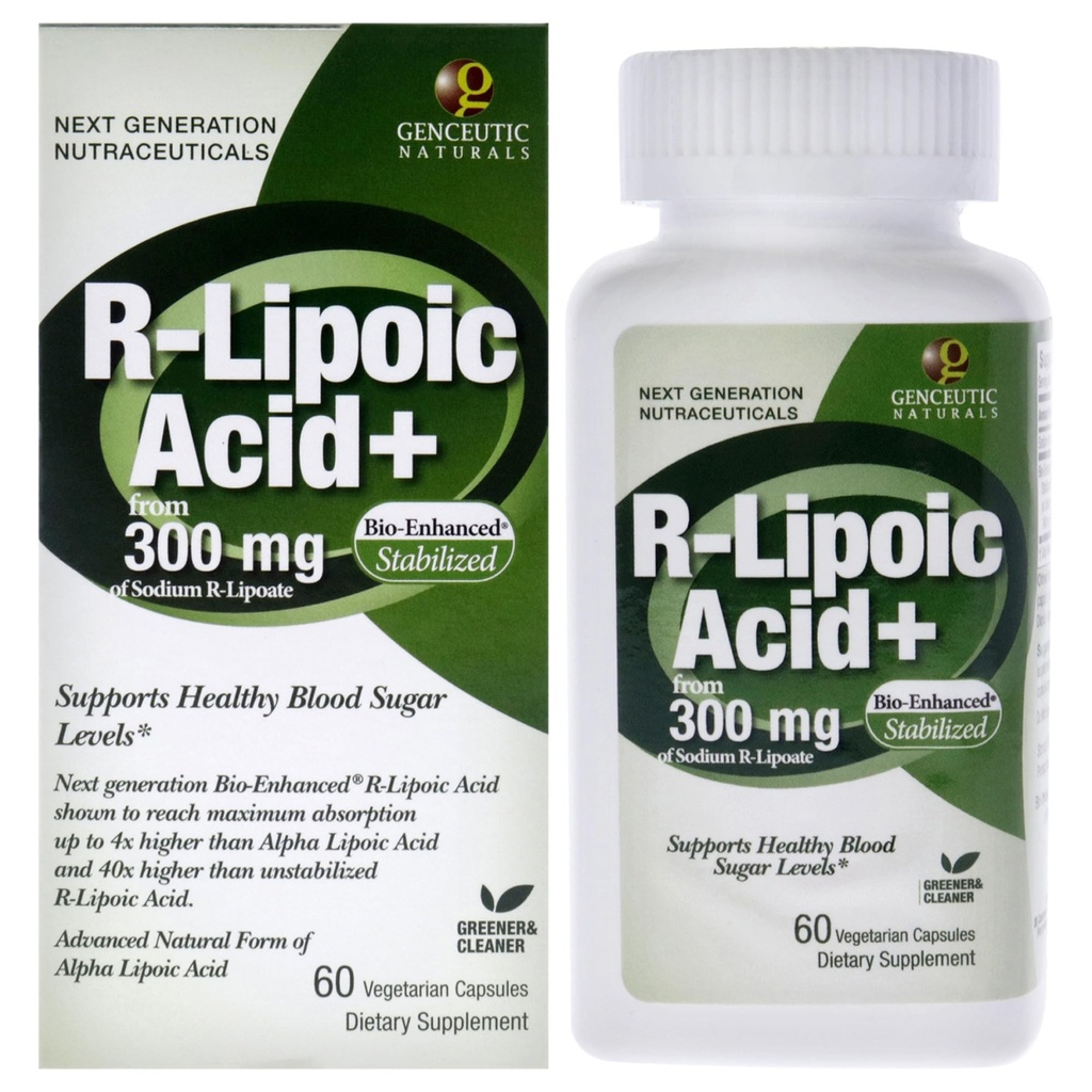 Genceutic Naturals R-Lipoic Acid Dietary Supplement | Vegetarisk | Vegansk | Glutenfri | Ikke GMO | 300 mg (60 kapsler) | Enkelt tall