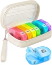 Søt Pille Organizer 2 ganger om dagen, PU Leather Pille Case for kvinner, bærbare ukentlig pille Box for pels med lagringspose for å holde vitaminer, medisiner, fiskeoljer, kosttilskudd (Beige)