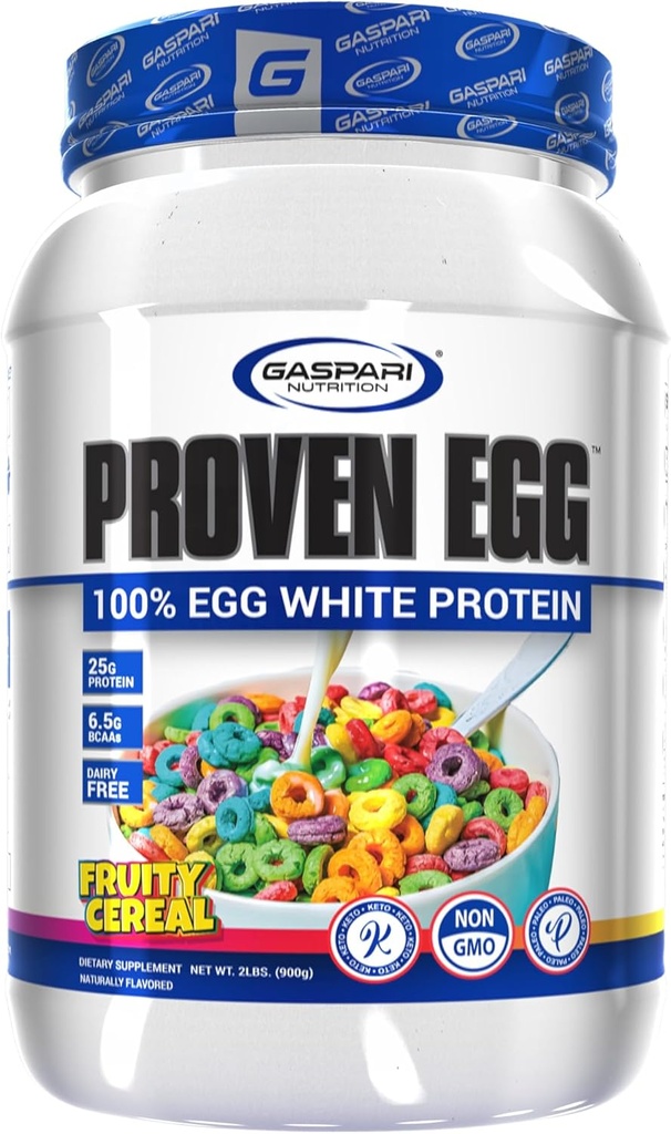 Gaspari Ernæring Proven Egg, Fruktig Cereal, 100% Egg Hvitt Protein, 25g Protein, Ketovennlig, Dairy og Laktose Gratis, Soya Gratis (2 lbs, Fruity Cereal)