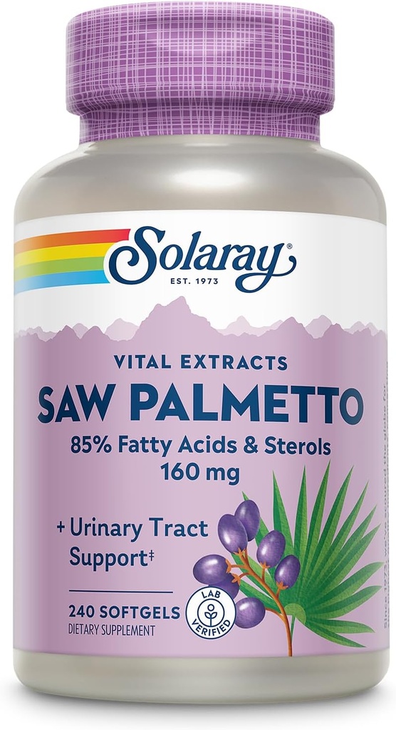 SOLARAY Saw Palmetto Extract - Prostate Health and Urinary Tract Support - 136 mg fettsyrer og steroler - Lab Verifisert, 60-dagers pengene-tilbake garanti (240 Serveringer, 240 Softgels)