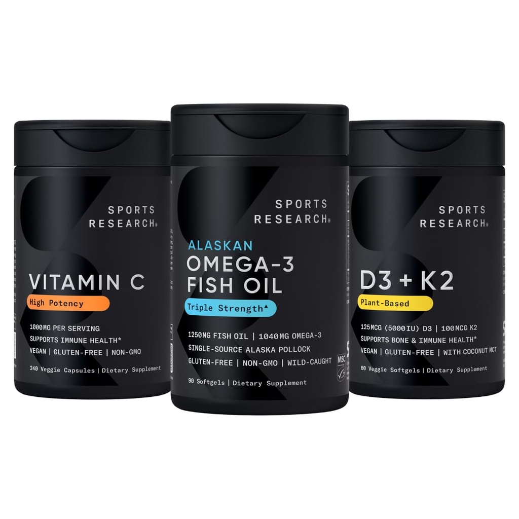 Idrettsforskning 1250 mg Omega 3 Burpless Fish Oil - Wild Alaskan Pollock - (90 count), høy potens Vegansk Vitamin C 1000 mg (240 count) + Vegansk 5000iu vitamin D med 100mcg Mk7 vitamin K (60 count)