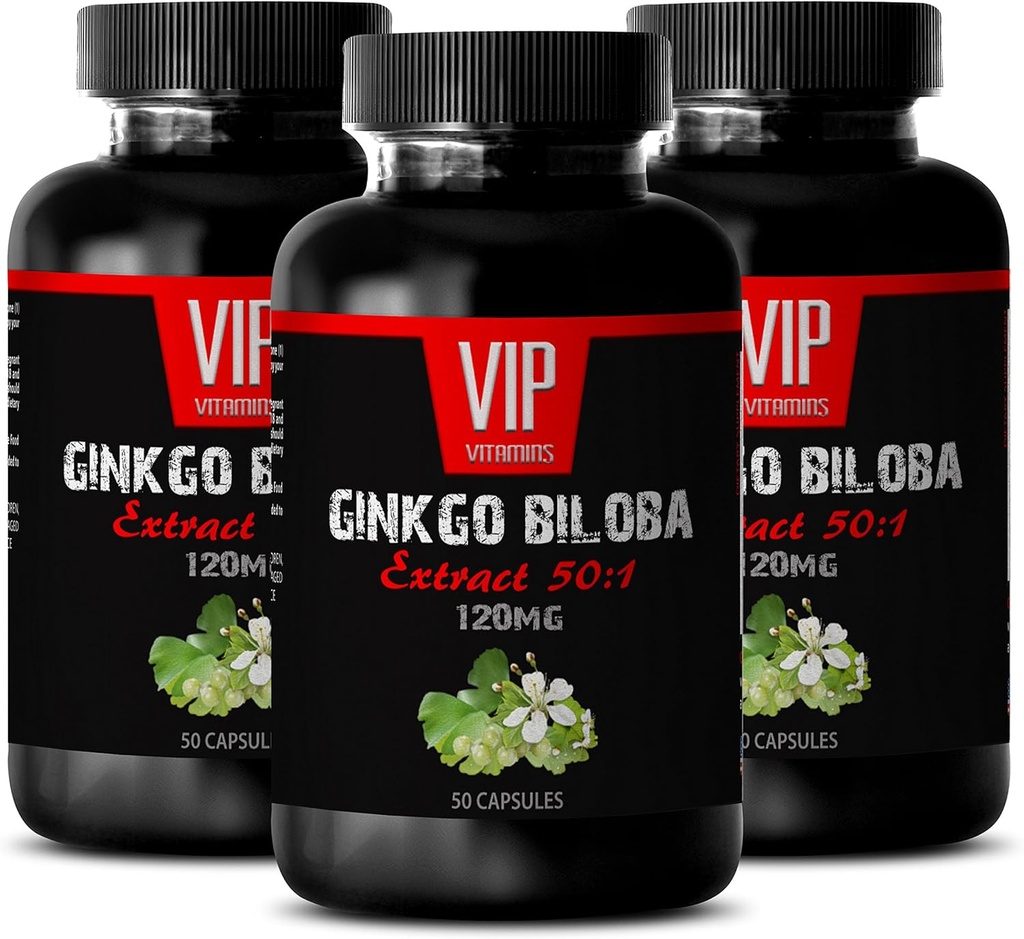 VIP VITAMINS Ginkgo biloba for tenåringer - Ginkgo Biloba Leaf 120mg - for sunn hjernefunksjon (3 flasker - 150 kapsler)