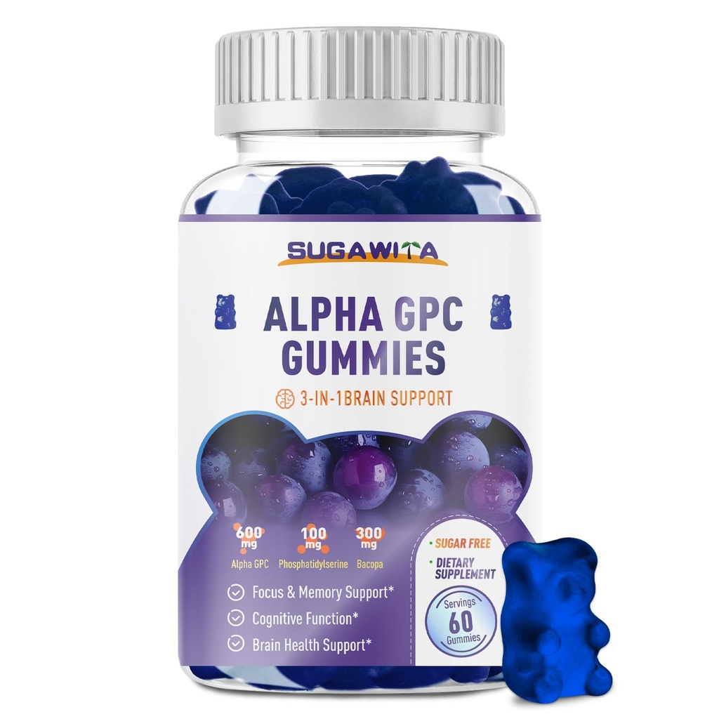 Alpha GPC Choline Gummies 600 mg med fosfatidyderin & Bacopa – 3-i-1 hjernestøtte for minne, fokus og langsiktig kognitiv helse – sukkerfri, naturlig formel, 60 teller