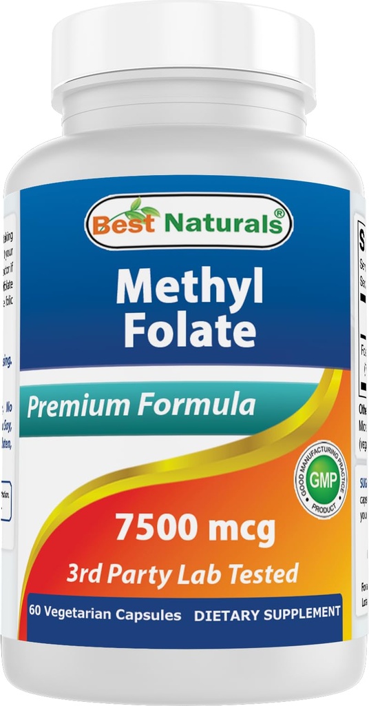 Best Naturals Metyl Folat 7500 mcg (7,5mg) (De fleste bio-tilgjengelige) Veggie Capsule - støtter celleformasjon vekstfunksjon, hjerne, minne, kardiovaskulær helse, 60 teller