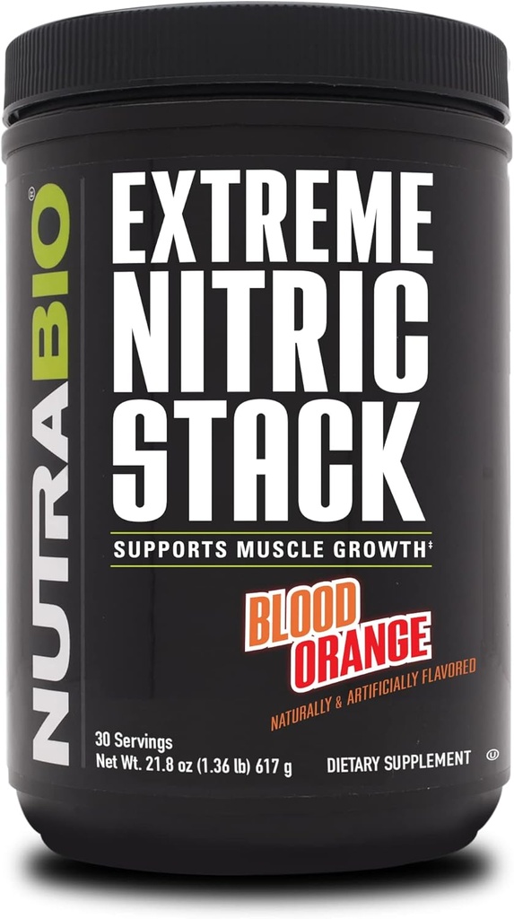 NutraBio Extreme Nitric Stack, Nitric Oxid og Cell Volumizing Formula- 30 serveringer (Blod Orange)