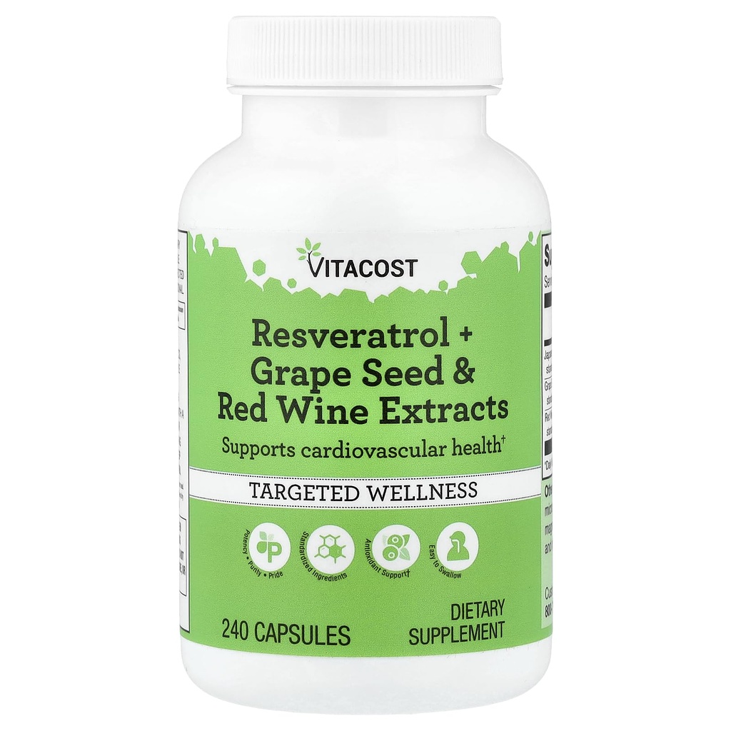 Vitacost Resveratrol + Grape frø & rødvin ekstrakter - 240 kapsler