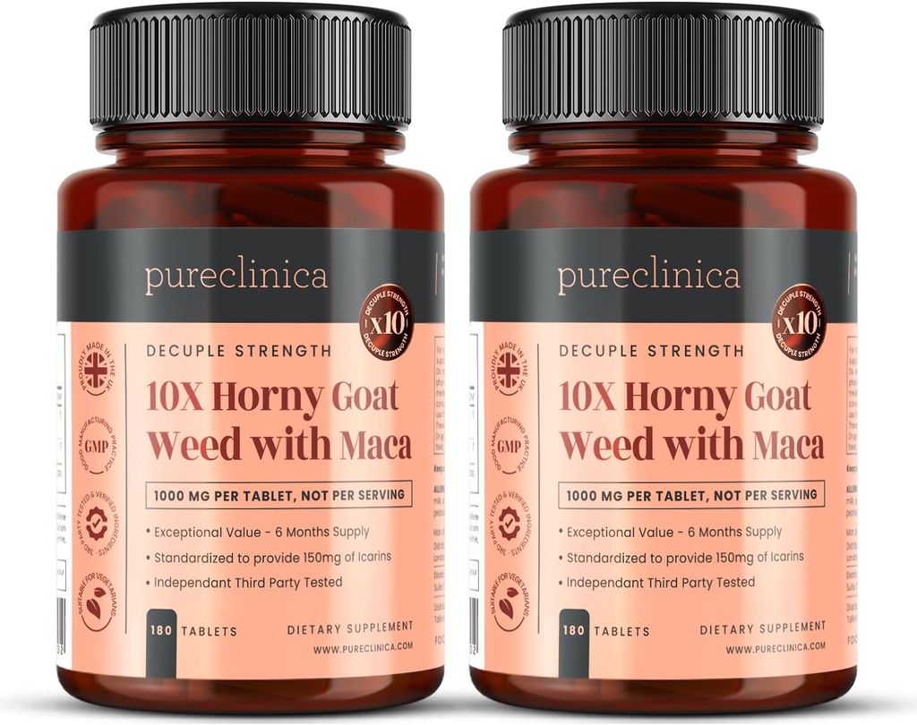 10X Horny Goat Weed Extract (375mg) Maca Extract (2500mg) x 360 tabletter (2 flasker på 180) - 1 års forsyning
