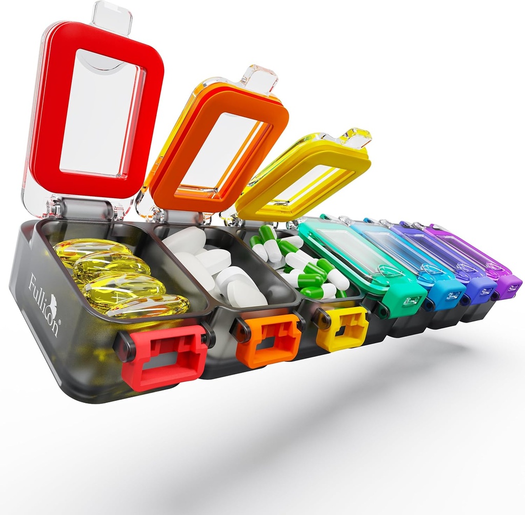 Fullicon ukentlig pilleorganisator 7 dager ultra moistur og spill bevis daglig pille boks, store medisinske tilfelle med Secure Buckle, kompakt reisepillebeholder for pille, vitamin, og fiskeolje (Rainbow Black)