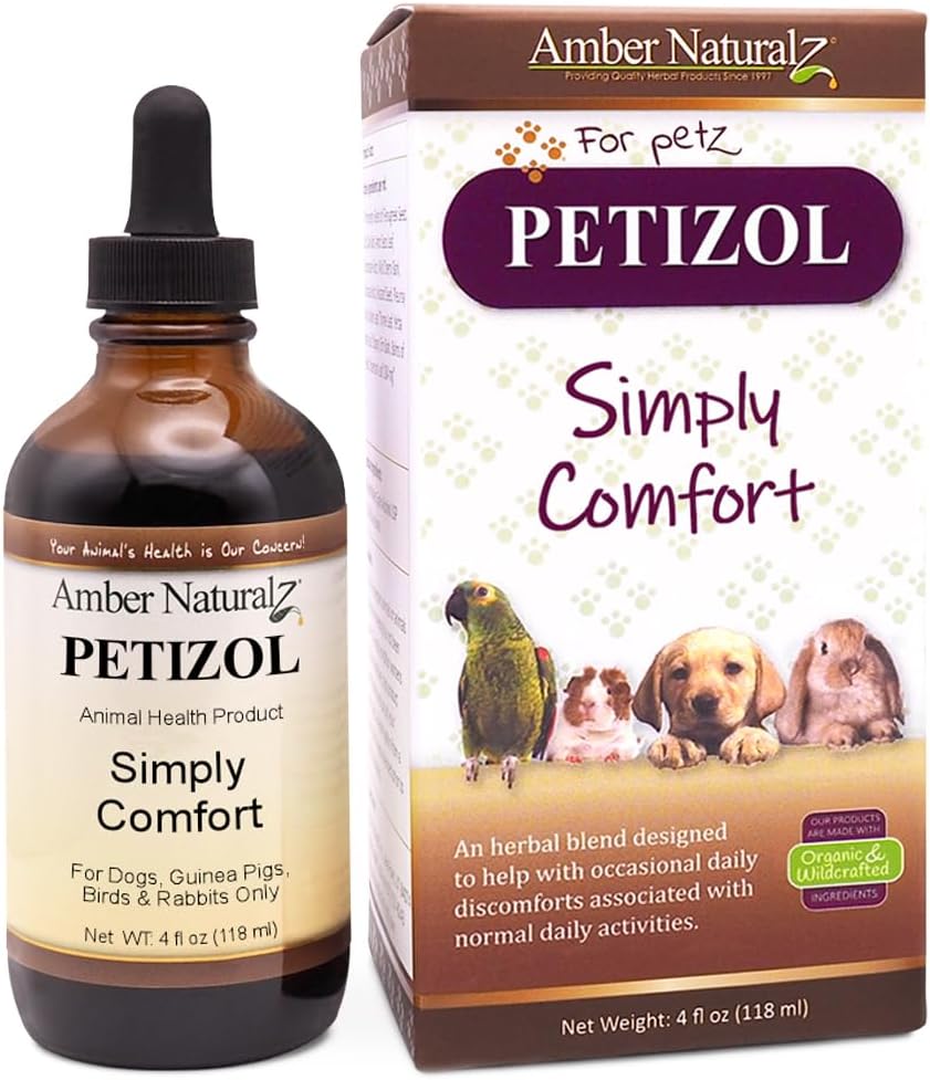 AMBER NATURALZ Petizol ganske enkelt komfort Herbal kosttilskudd for hunder, fugl, kanin | Støtte for anledningsforstyrrelser og normal kroppstemperatur | 4 Fluid Ounce Glassflaske | Produsert i USA