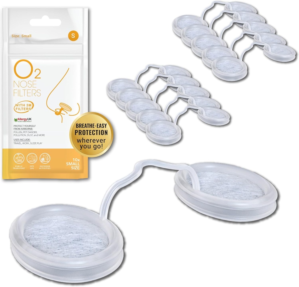 O2 Nese filtre med 3M Filtrasjon - Nese filtre for allergier - Nasal Filter for allergier - Nese Støvmaske, Røyk & Allergi Filter (størrelse liten, pakke med 10)