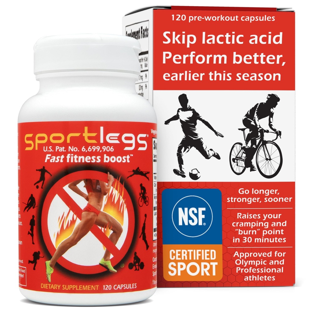 SPORTLEGS Fast Fitness Boost før trening for menn og kvinner, Lactic Acid Supplement, Sports Endurance Drivstoff, Endurance Kosttilskudd for Runners - NSF-sertifisert for idrett, 1200-kapsleflaske, Pakke med 1