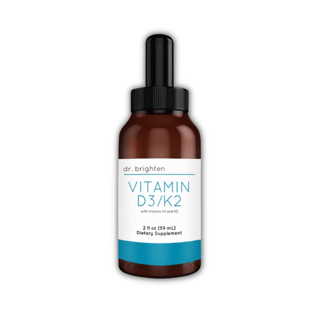 Dr. Brighten Vitamin D3/K2 — høyt konsentrert flytende D3 K2 dråper — kosttilskudd for sterk immunsystem og bein helse, 2 Fl Oz