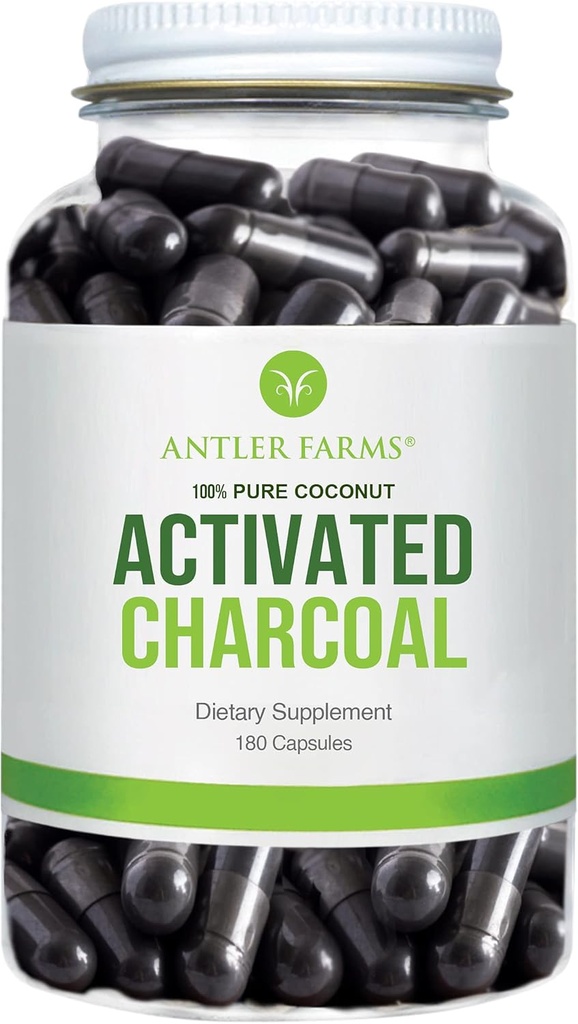 Antler Farms - 100% ren kokosnøtt Aktivert Charcoal, 180 kapsler 260mg - Wild Harvested, Jomfru Coconut Shell, USP Food Grade, Steam Aktivert, Ultra Fin