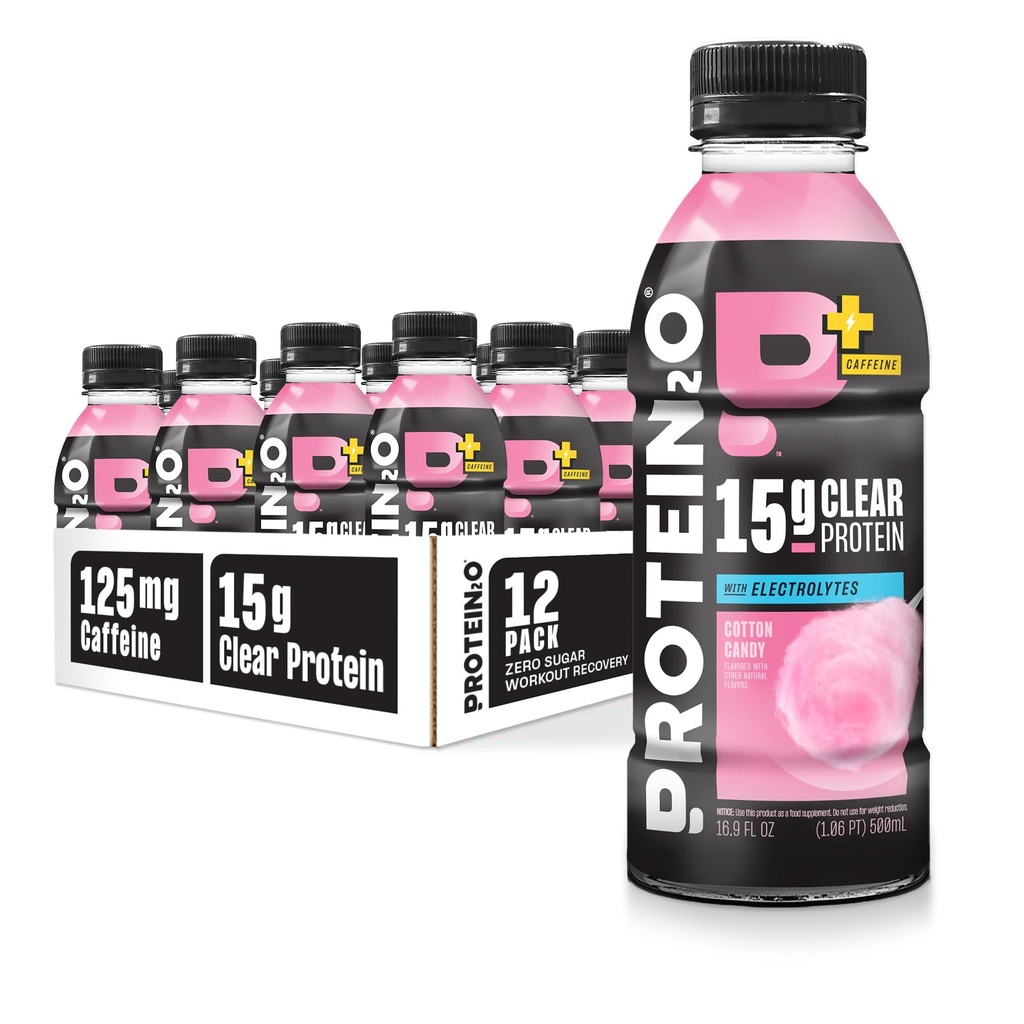 Protein2o 15g Whey Protein Isolere Hydration Drink Plus Energi og Focus, 350 mg Elektrolytter, Vitaminer B5 & B6, Sukkerfri, Bomuld Candy, 16,9 oz flaske (pakke med 12)