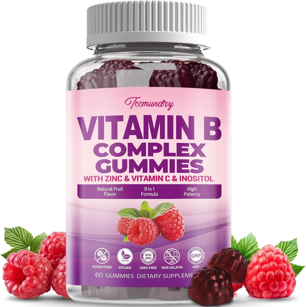 Sukkerfri vitamin B komplekse gummier for kvinner - Vegansk b vitaminer kompleks med Metyl B12, Metyl folat - Plus vitamin C, sink, inositol - støtter energi, immun, sunn hår, hud (60 greve)