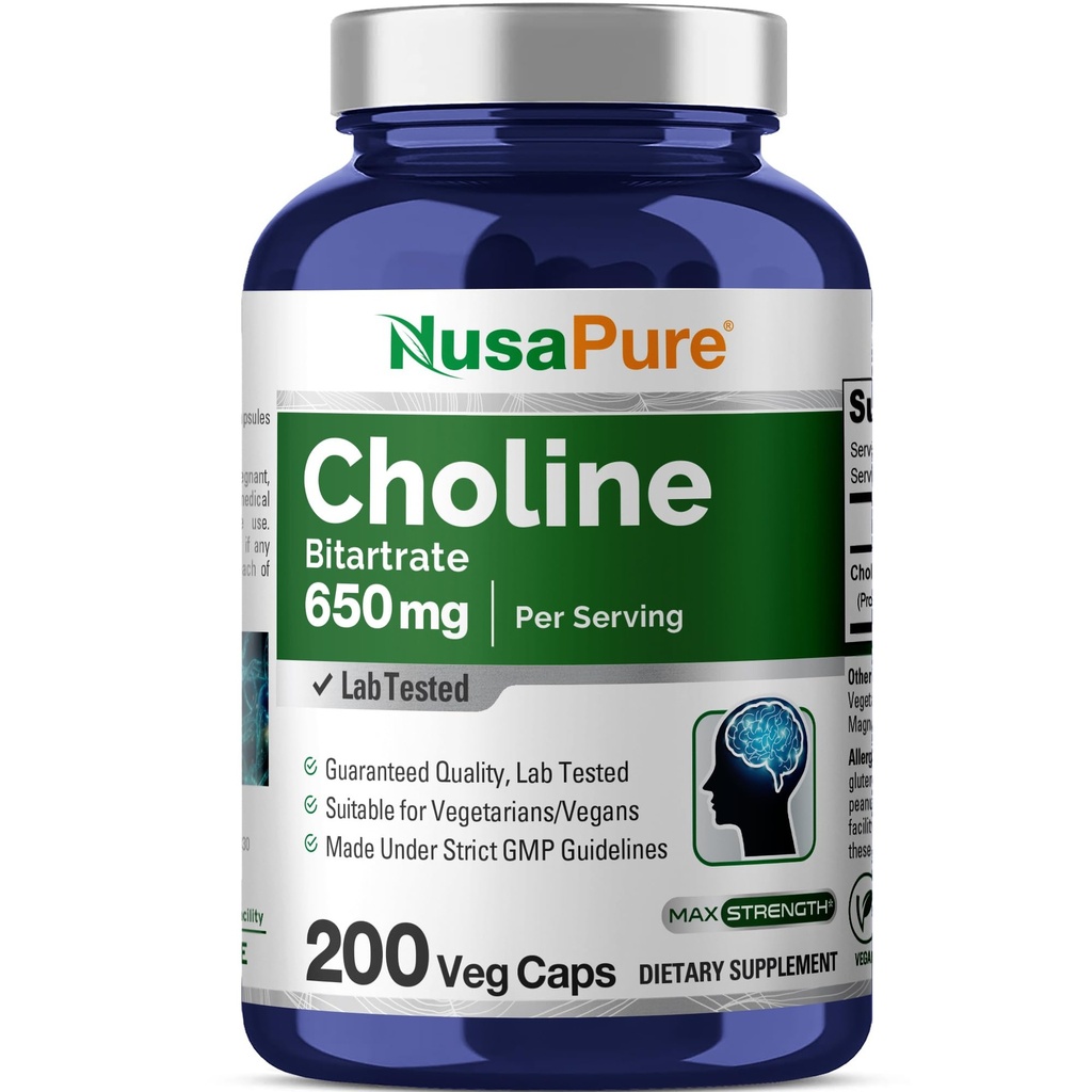 NusaPure Choline Bitartrat 650 mg 200 Veggie Capsules (vegetariske, ikke-GMO, Vegan)