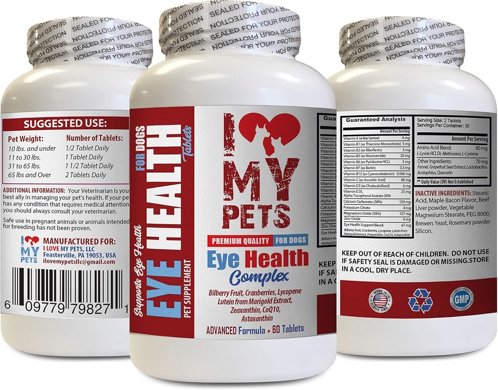 Jeg elsker MY PETS LLC Dog Eye Supplement - Hunde Eye Health Complex - Premium Formula - Vet Anbefalt - Hundelutein - 1 flaske (60 behandlinger)