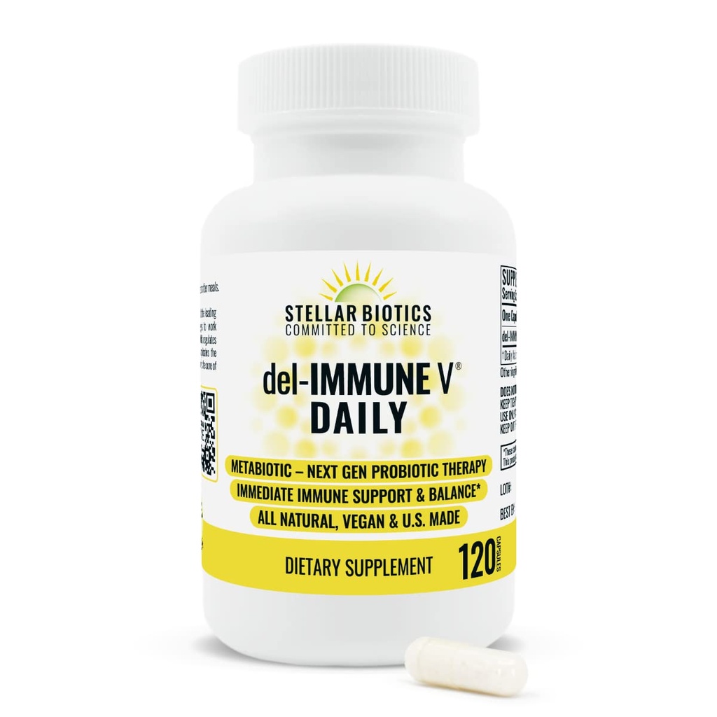 Del-Immune V® Daily by Stellar Biotics, All-Natural Immune Support & Gut Health, Umiddelbar omsorg, Metabiotika: NextGen Probiotic terapi (120 Caps)