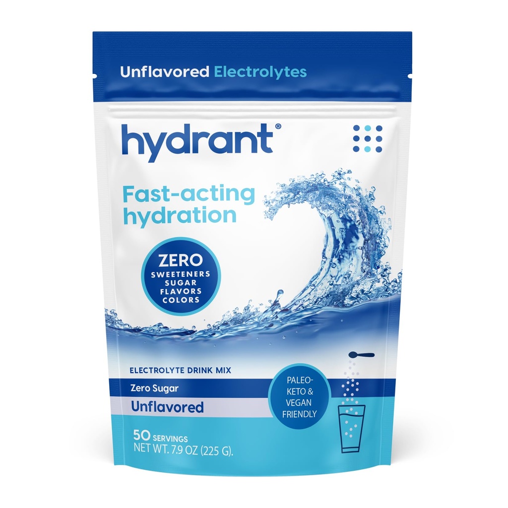 Hydrant - bulk Hydration pulver, uflavorert, 50 serverer rask fungerende elektrolytt rehydrering pulver - null sukkerflavorløs drikk blanding for daglig bruk, reise og utarbeidinger