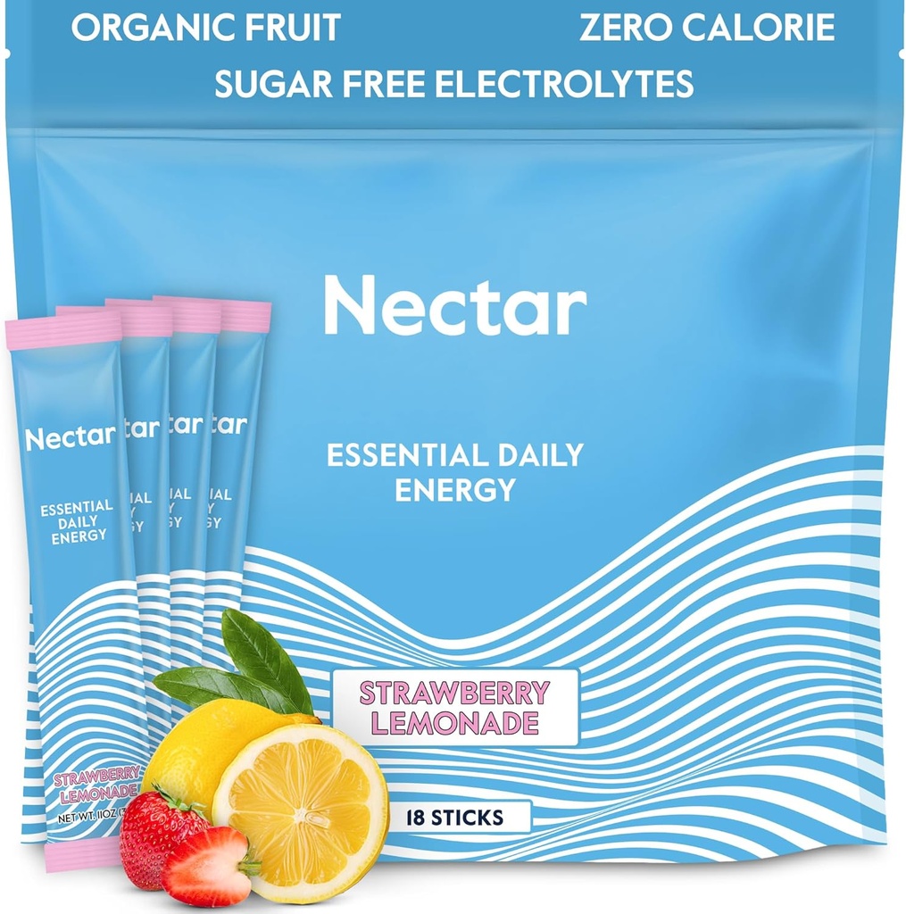 Nectar Energy Booster - Økologisk koffein, B12 & Elektrolytter - Sukker gratis og null kalorie - sunn kaffe, energidrikk og soda alternativ - Hydration & energi Supplement (Straw. Lemonade 18 Packets)