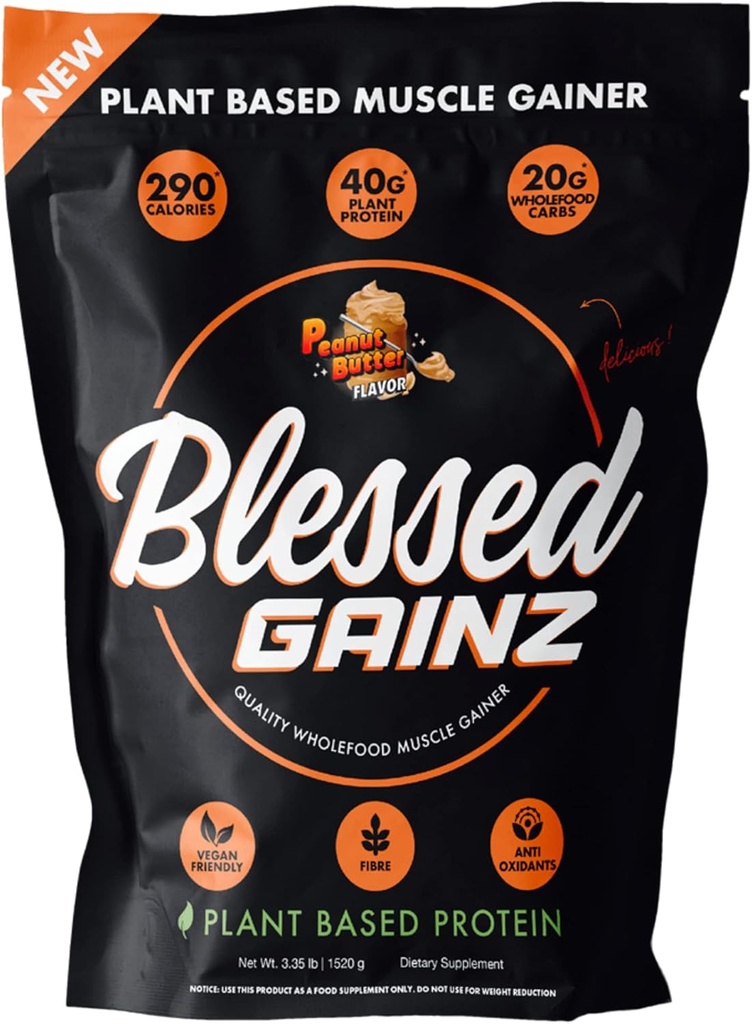 BLESSED Gainz Vegan Protein Powder Mass Gainer - 40g Plante Basert Protein Powder - Måltid Erstatning Shake med Pea Protein Powder - Vegan Protein Shake - 40 Serveringer (Peanut Butter)
