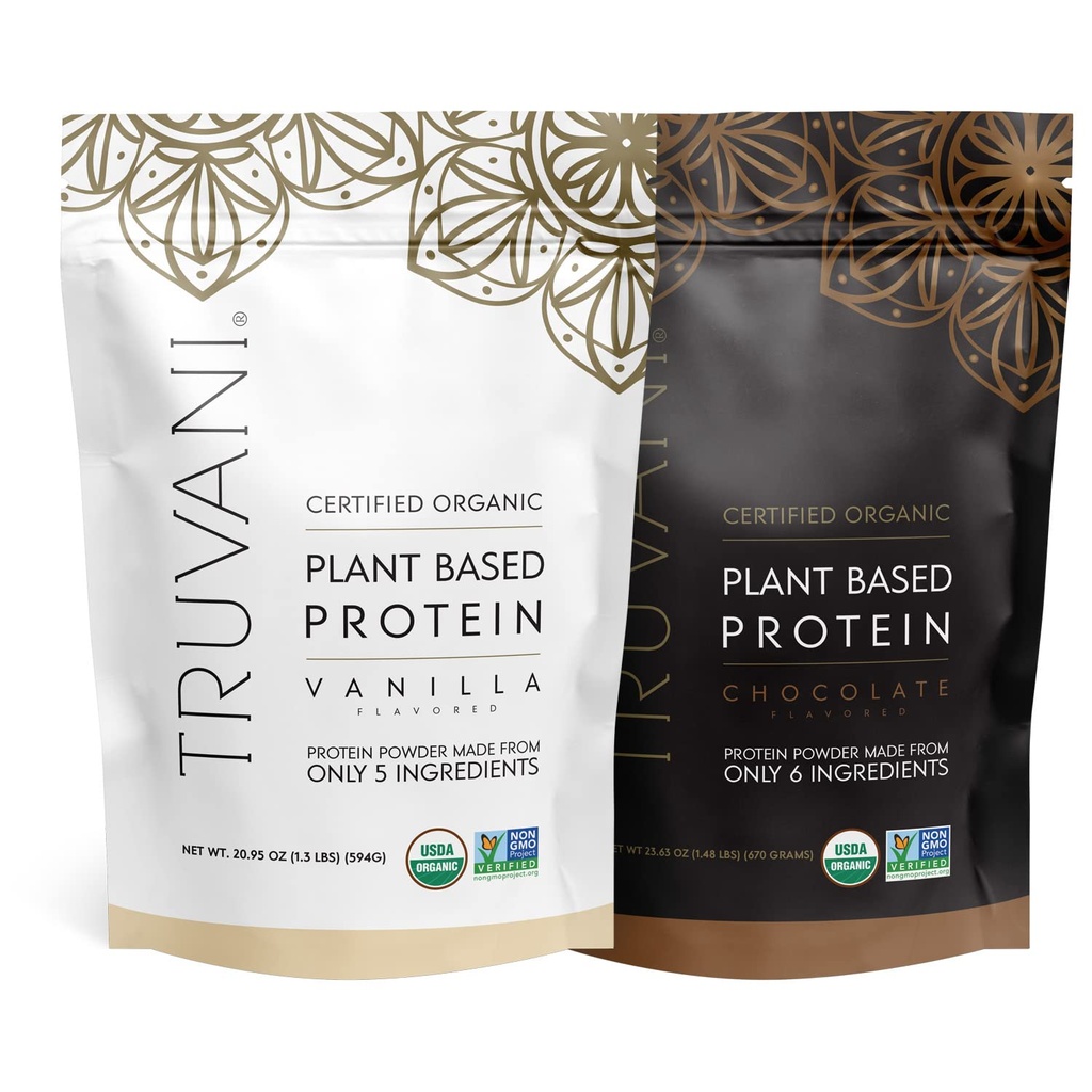 Truvani Plant Basert Protein pulver - USDA Certified Organic, Vegansk, Ikke-GMO, Dairy Free, Soya Free, & Glutenfri - 2 Pakker med 20 Services Hver (Chokolate & Vanilla)