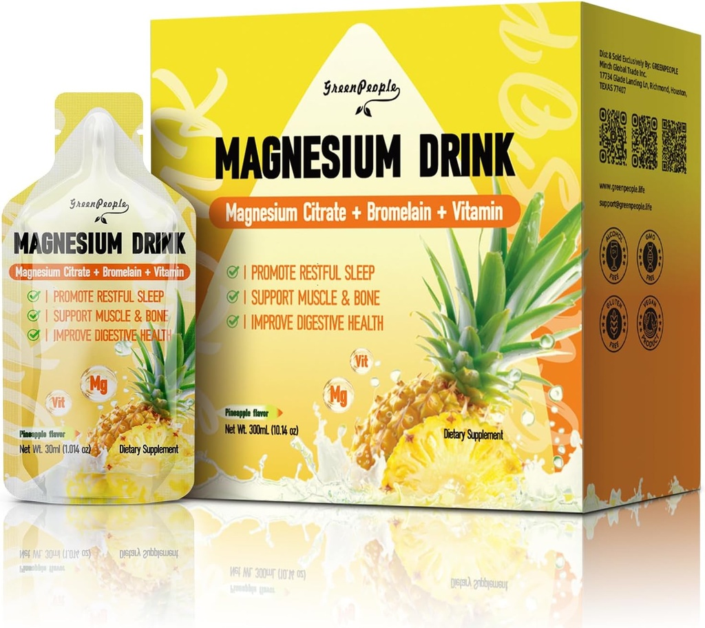 GREENPEOPLE 7-i-1 Magnesium Citrat flytende, Magnesium Citrat Supplements Drikke med 280 mg Magnesium, Sink, Bromelain, Vitamin C D3 B6, Muskel & søvn støtte for barn og voksne, 1 fl.Oz (10 stk)