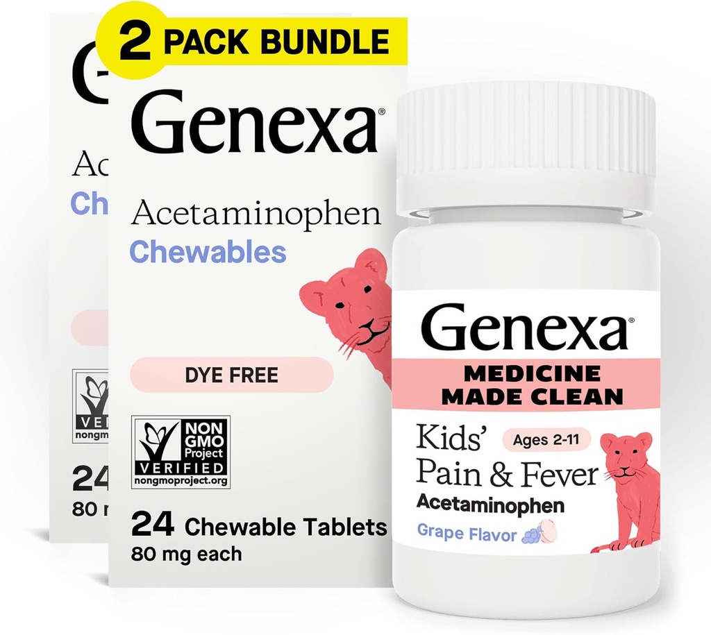 Genexa Barns ren smerte og feber Acetaminophen Chewables, Dye Free, 0% Kunstige Additiver, Delicious Grape Flavor, Chewable Medisin for barn 2-11, 80 mg per tablett, 48ct (2 Pakke)