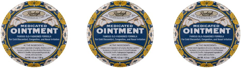 Rawleigh Medisinert Ødeleggelse: 4.5 oz Blå Tinn, Topical Chest Rub for Cold, Nasal Congestion, mindre smerter og smerte, med Camphor, Menthol & Eucalyptus, Non-Greasy Formula - Pakke med 3