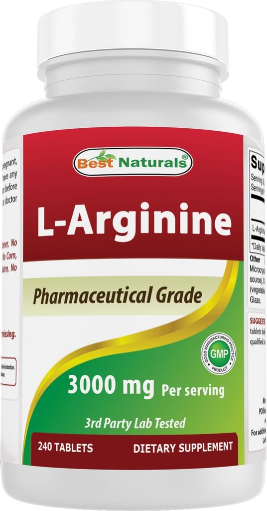 Beste Naturals L-Arginine 3000mg Per Serving - 240 tabletter - Farmasøytisk Grade - Ikke-GMO & Glutenfri - Laget i USA