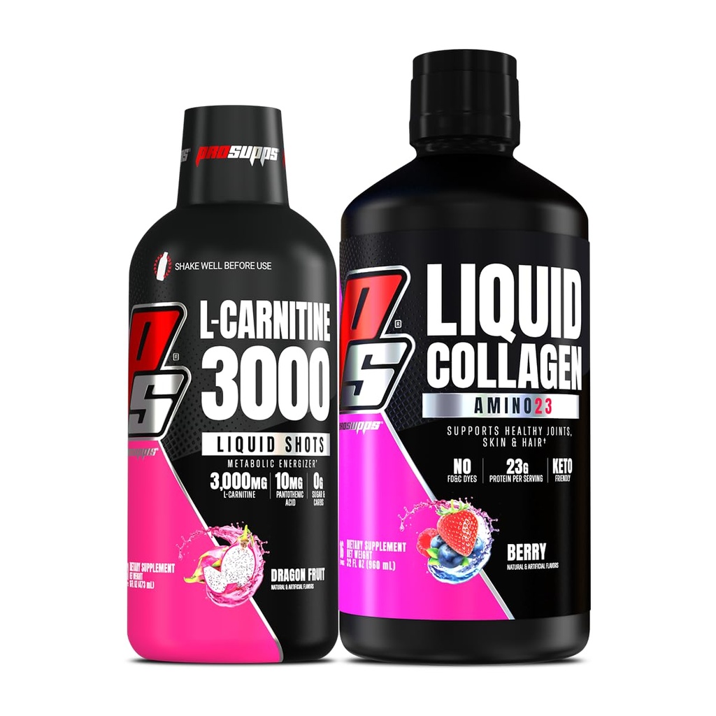 PROSUPPS L-karnitin 3000 stimulerende gratis flytende skudd (Dragon frukt) Amino23 flytende collagen Shots (Berry) Bundle