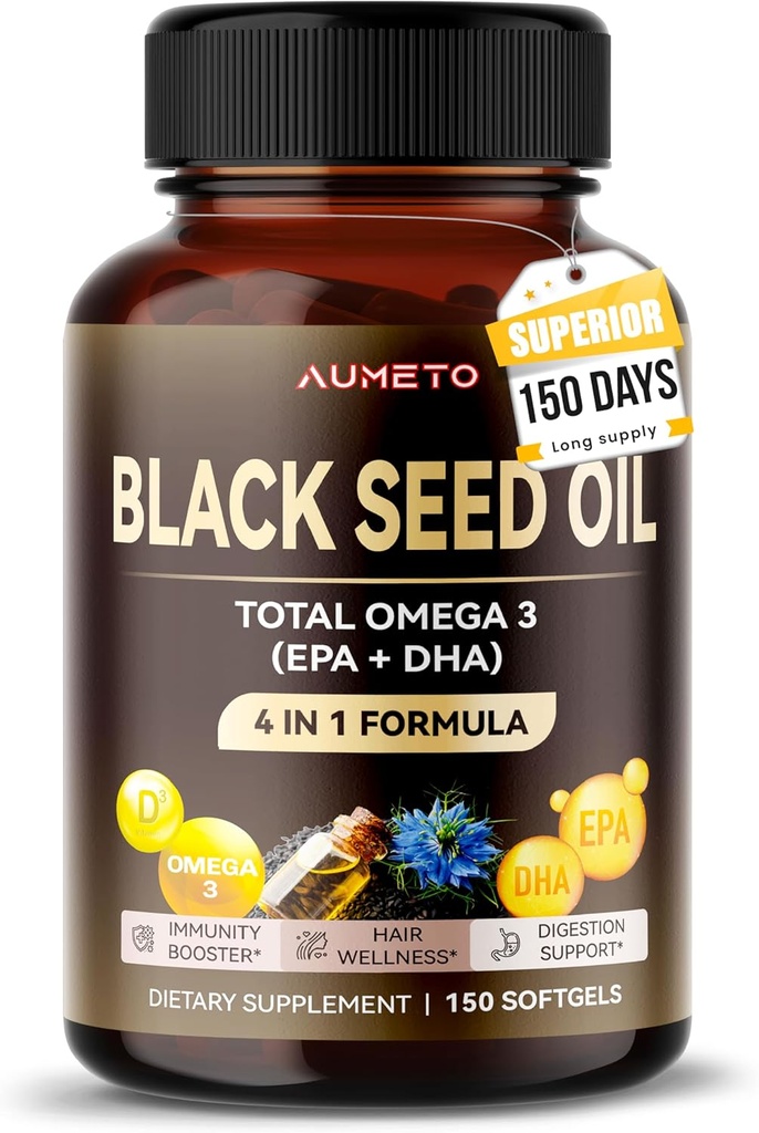Organic Black Seed Oil - 150 Softgel - 100% kaldt presset kilde til Omega 3 (EPA + DPA) - Hud, hår, immunstøtte (150 greve (pakke av 1))