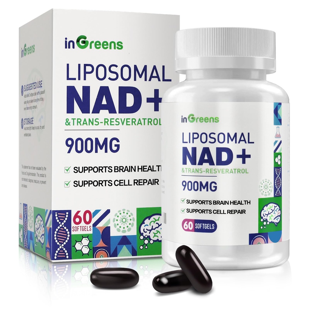 900 mg Liposomal NAD+ Supplement med Trans Resveratrol 300 mg, erstatter NMN, Superior Absorpsjon, True NAD Plus Supplement for DNA Repair og Økt NAD+, Aging Defense, Energi, Lengde, 60 Softgels