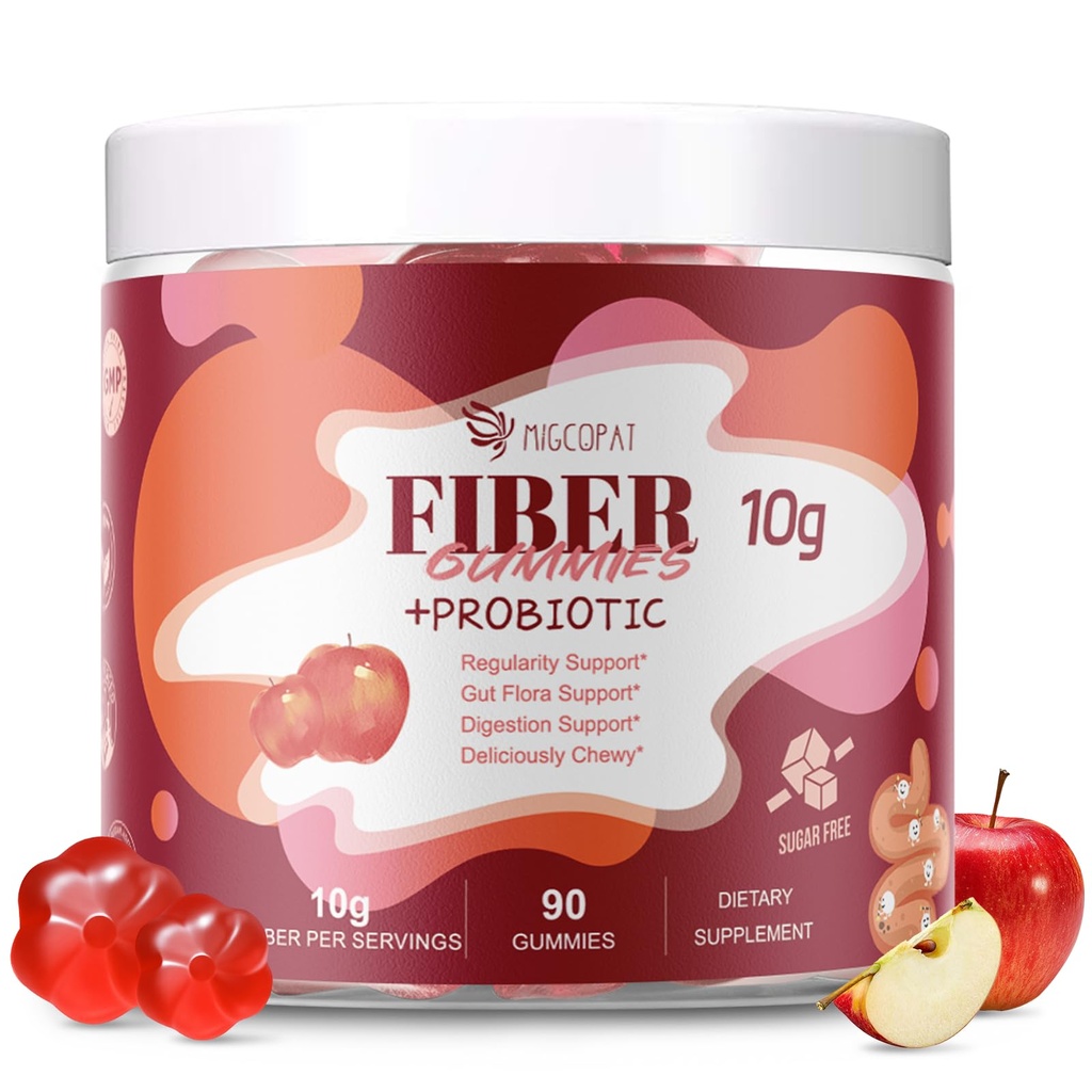 Fiber Gummies med probiotika, 10G Fiber per servering Ingen sukker tilsatt Apple Flavor, med 10 milliarder CFU Probiotika Blanding, Apple Cider Vinegar, Vitamin C, Inulin, Bloating Support 90 Count