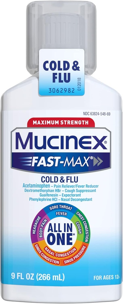 Mucinex Fast-Max Maksimal styrke Alle-i-en kald & influensa, 9 oz flaske, for bruk på hodepiner, kroppssmerter, sure throats, feber, bryst kongessjon, Cough, Nasal / Sinus kongessjon og Sinus trykk