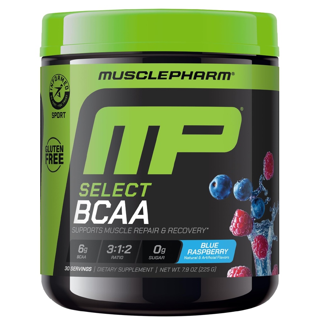 MuskelPharm Essentials BCAA pulver, Pre & Post Trening Recovery Drink, støtter muskel gjenoppretting og energiproduksjon, essensielle Aminosyrer Supplement, 30 Serveringer, Blå bringebær Flavor