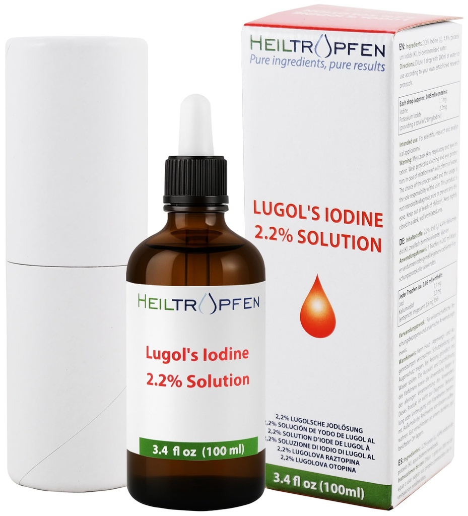 2,2 % Lugol's jodinløsning 3.4 Fl Oz  Pharmaceutical Farmasøytisk grad ingredienser | Lugol løsning laget med jodin og kalium jodid. Heiltropfen®