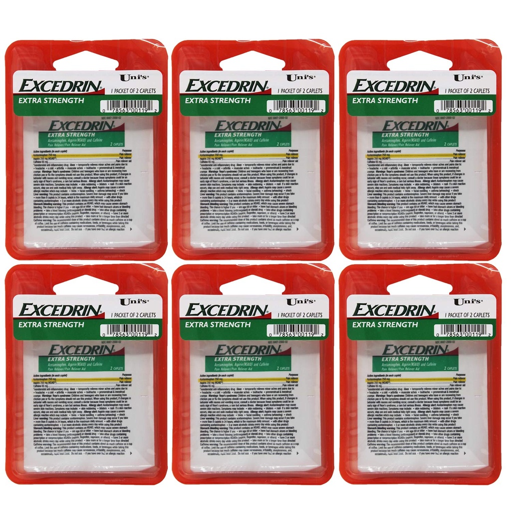 Uni's Excedrin ekstra styrke 6 grev enkeltdose relief 2 kapler i hver pakke. Hjelper med å lindre hodepine, tannsmerter, ryggsekk, menstruelle kramper, vanlig kulde og muskulær aksjer.