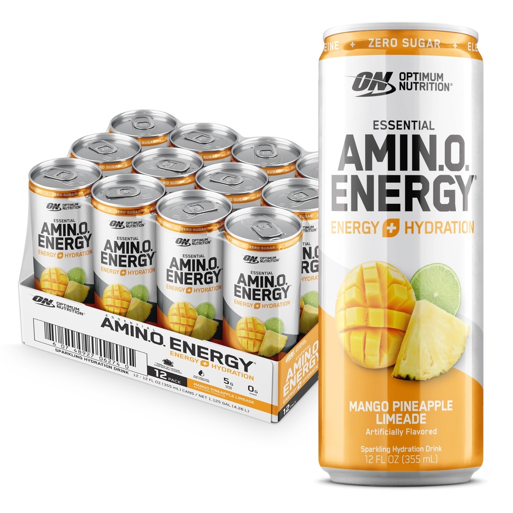 Optimal ernæring Amino energi Sparkling Hydration Drink, Elektrolytter, Koffein, Aminosyrer, BCAA, Sukkerfri, Mango Pineapple Limeade, 12 Fl Oz, 12 Pack (Packing May Vary)